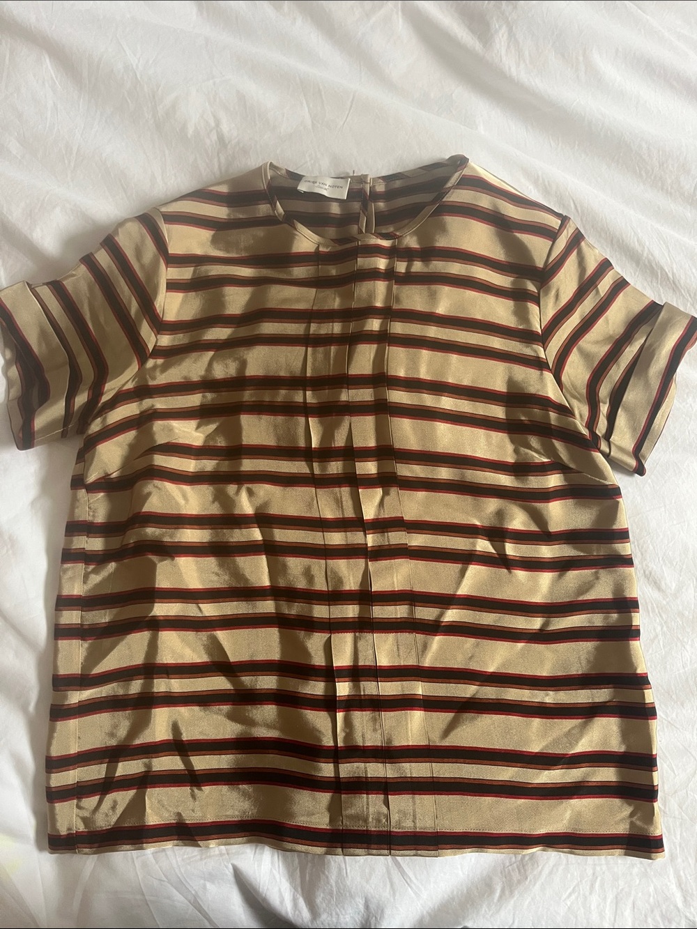 Dries Van Noten striped gold red black orange short sleeve pleated shirt